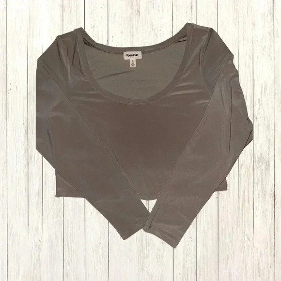 Open Edit Long Sleeve Crop Top Color: Brown Sz: XL - Picture 2 of 2